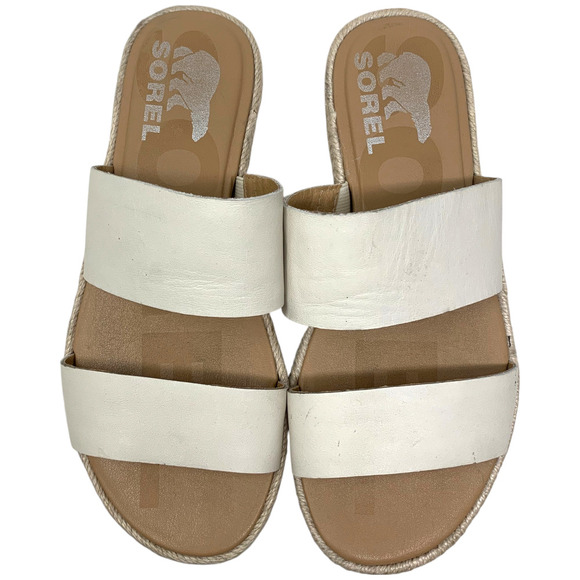 Sorel Ella II Ivory Leather Two Banded Slide Sandals Flats Women's Sz 6.5 - Picture 1 of 7